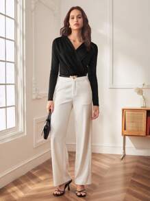 BizChic 1 pieza Body de color negro liso con cuello oblicuo para mujer, body de ajuste ceñido de manga larga para otoño - Negro - Ver 4