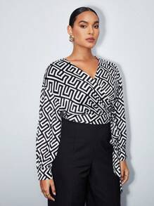 BizChic Plus Geo Print Knot Side Wrap Blouse - Black and White - View 6