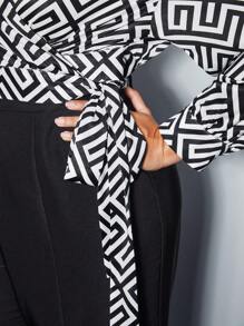 BizChic Plus Geo Print Knot Side Wrap Blouse - Black and White - View 8