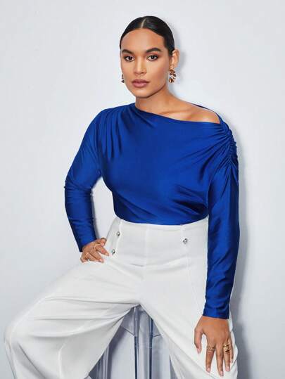 Maija Plus Size Blue Asymmetric Neck Pleated Long Sleeve Cold Shoulder Top,Autumn Outfits For Women, Christmas Women's Clothing