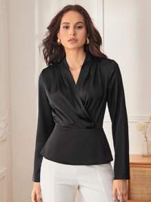 BizChic Surplice cổ Áo sơ mi Peplum - màu đen - Xem 5