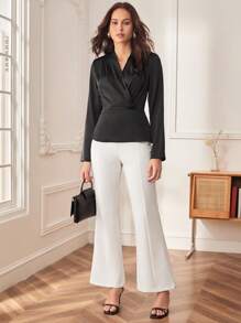BizChic Surplice cổ Áo sơ mi Peplum - màu đen - Xem 3