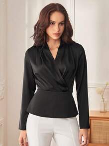 BizChic Surplice cổ Áo sơ mi Peplum - màu đen - Xem 6