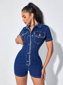 SHEIN Frenchy Flap Pocket Button Front Denim Romper Summer Casual - Dark Wash - View 1