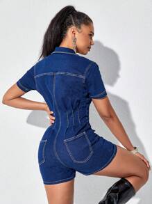 SHEIN Frenchy Flap Pocket Button Front Denim Romper Summer Casual - Dark Wash - View 2
