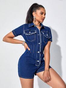 SHEIN Frenchy Flap Pocket Button Front Denim Romper Summer Casual - Dark Wash - View 4