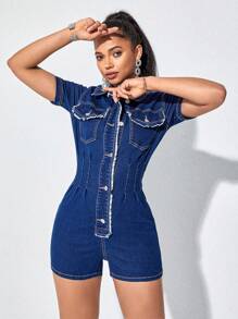 SHEIN Frenchy Flap Pocket Button Front Denim Romper Summer Casual - Dark Wash - View 5
