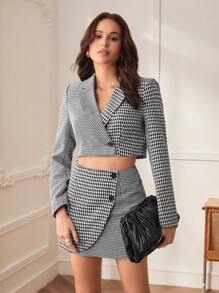BizChic Cotton Houndstooth Print Crop Blazer & Button Front Skirt