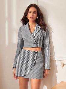 BizChic Cotton Houndstooth Print Crop Blazer & Button Front Skirt