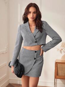 BizChic Cotton Houndstooth Print Crop Blazer & Button Front Skirt