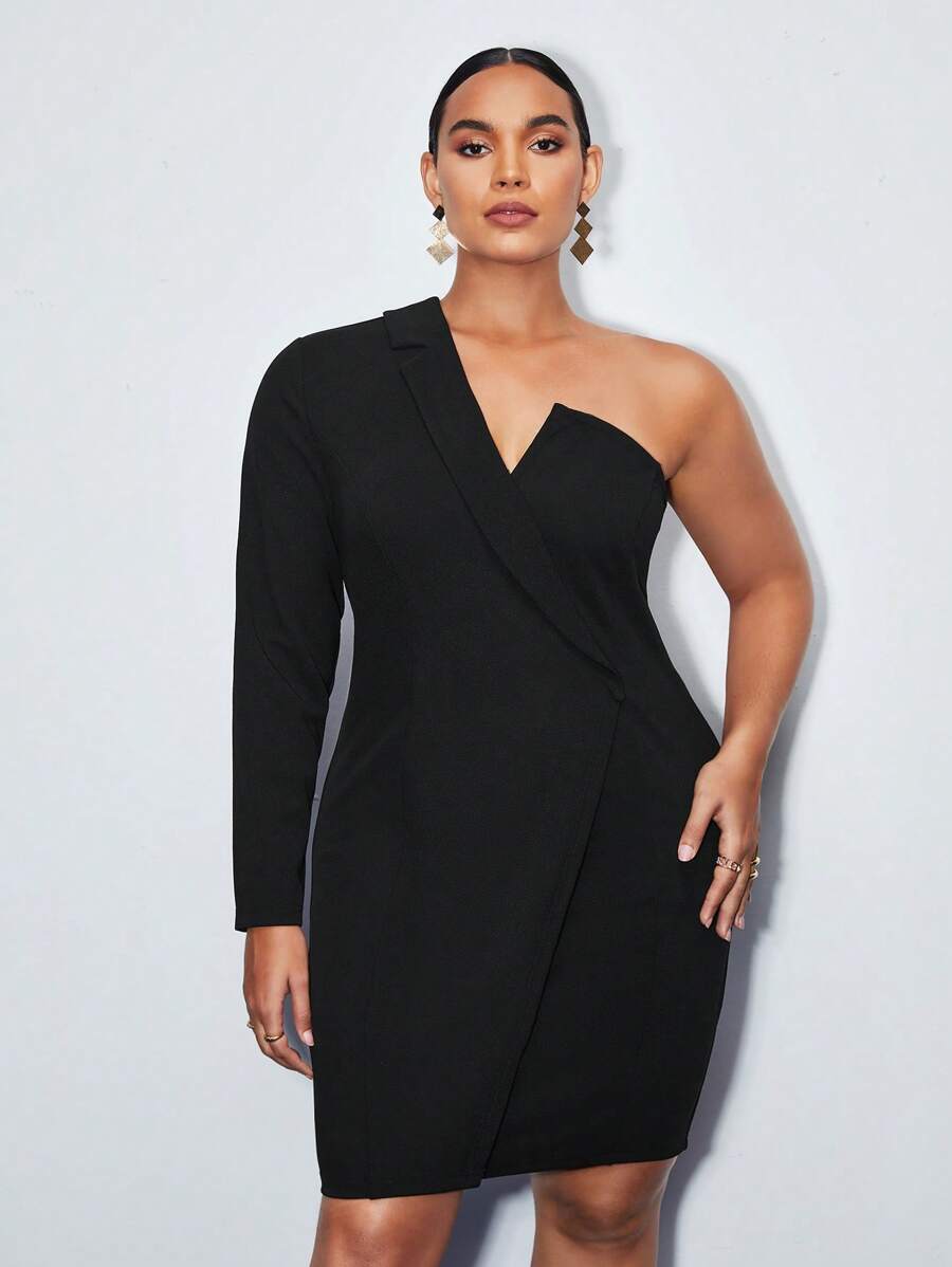 BizChic Plus One Shoulder Wrap Hem Bodycon Dress - Black - View 1