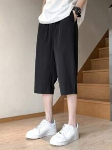 Hombres Pantalones capris unicolor con bolsillo oblicuo - Negro - Ver 1