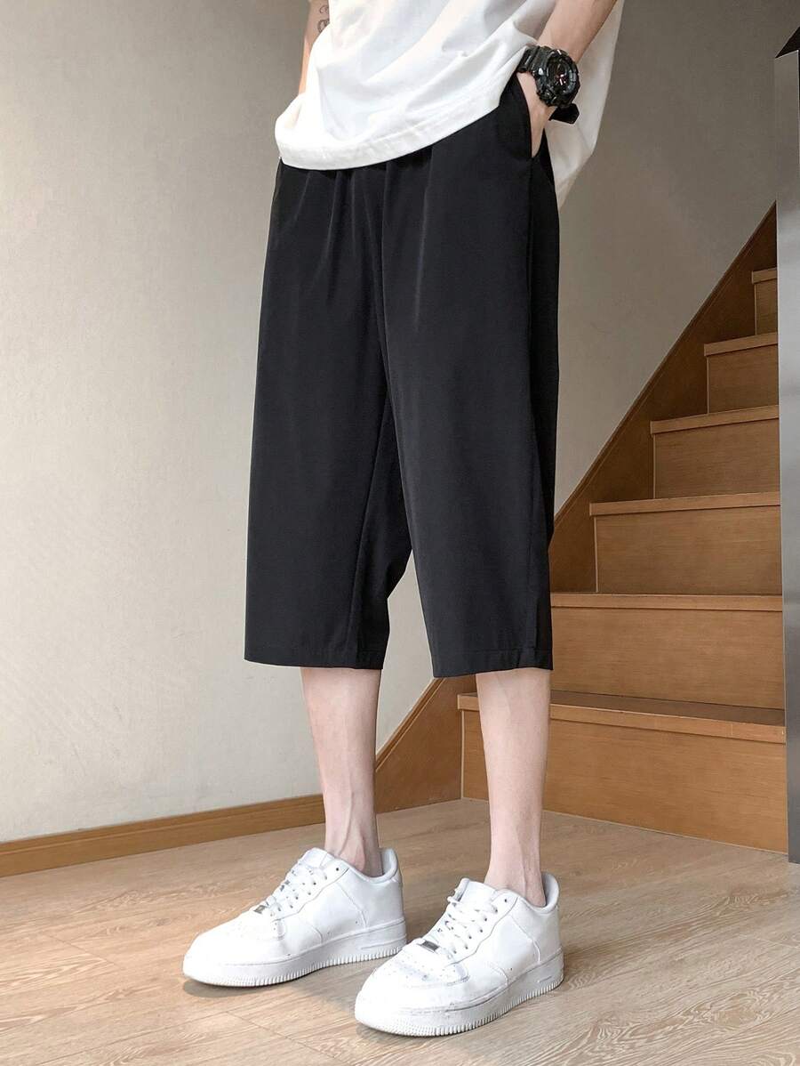 Hombres Pantalones capris unicolor con bolsillo oblicuo - Negro - Ver 1