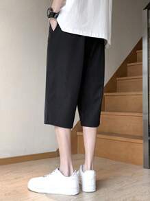 Hombres Pantalones capris unicolor con bolsillo oblicuo - Negro - Ver 2