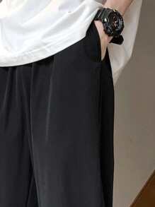 Hombres Pantalones capris unicolor con bolsillo oblicuo - Negro - Ver 4