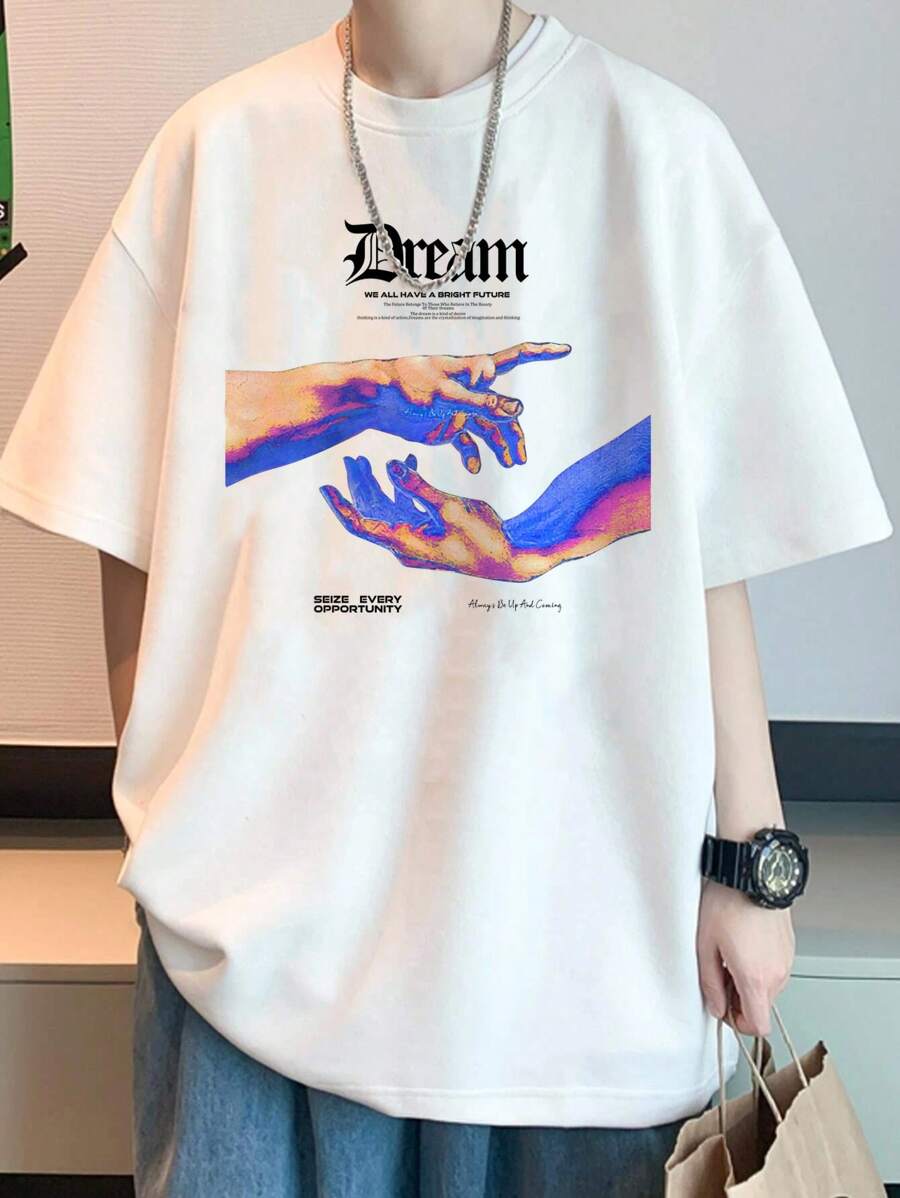 Manfinity RebelGame 宽松男士手印及口号落肩 T 恤 - 白色 - 查看 1