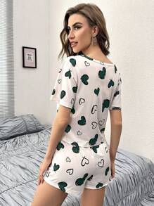 Heart Print Tee & Shorts PJ Set / Pajama Set - Green - View 2