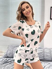 Heart Print Tee & Shorts PJ Set / Pajama Set - Green - View 3