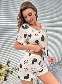Heart Print Tee & Shorts PJ Set / Pajama Set - Green - View 4