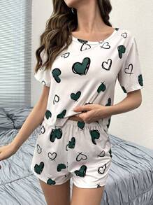 Heart Print Tee & Shorts PJ Set / Pajama Set - Green - View 6