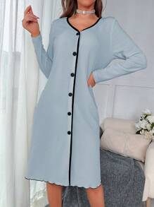 Contrast Binding Button Front Lettuce Trim Lounge Dress - Baby Blue - View 1