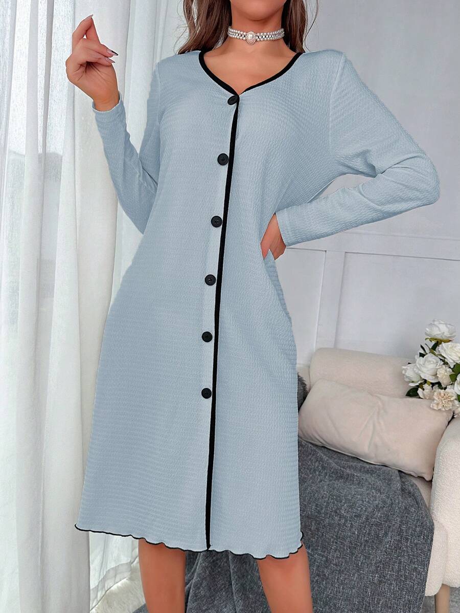 Contrast Binding Button Front Lettuce Trim Lounge Dress - Baby Blue - View 1