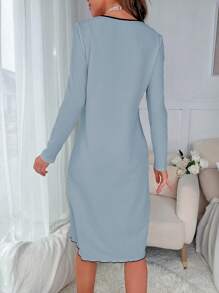 Contrast Binding Button Front Lettuce Trim Lounge Dress - Baby Blue - View 2