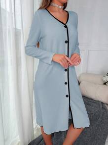Contrast Binding Button Front Lettuce Trim Lounge Dress - Baby Blue - View 4