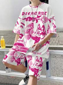 Manfinity Men Wolf & Letter Graphic Drop Shoulder Tee & Shorts - Hot Pink - View 1