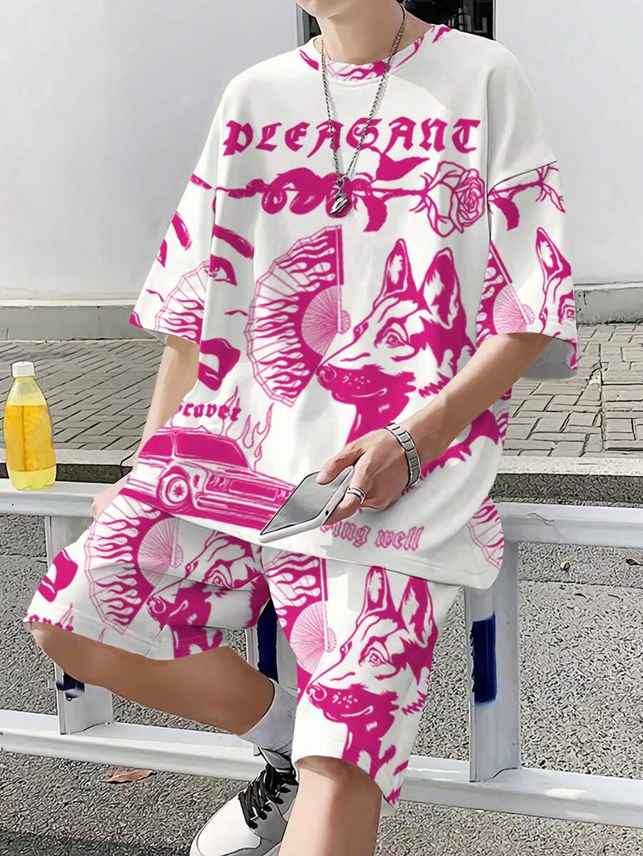 Manfinity Men Wolf & Letter Graphic Drop Shoulder Tee & Shorts - Hot Pink - View 1