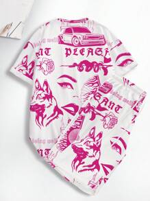 Manfinity Men Wolf & Letter Graphic Drop Shoulder Tee & Shorts - Hot Pink - View 2