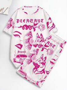 Manfinity Men Wolf & Letter Graphic Drop Shoulder Tee & Shorts - Hot Pink - View 3