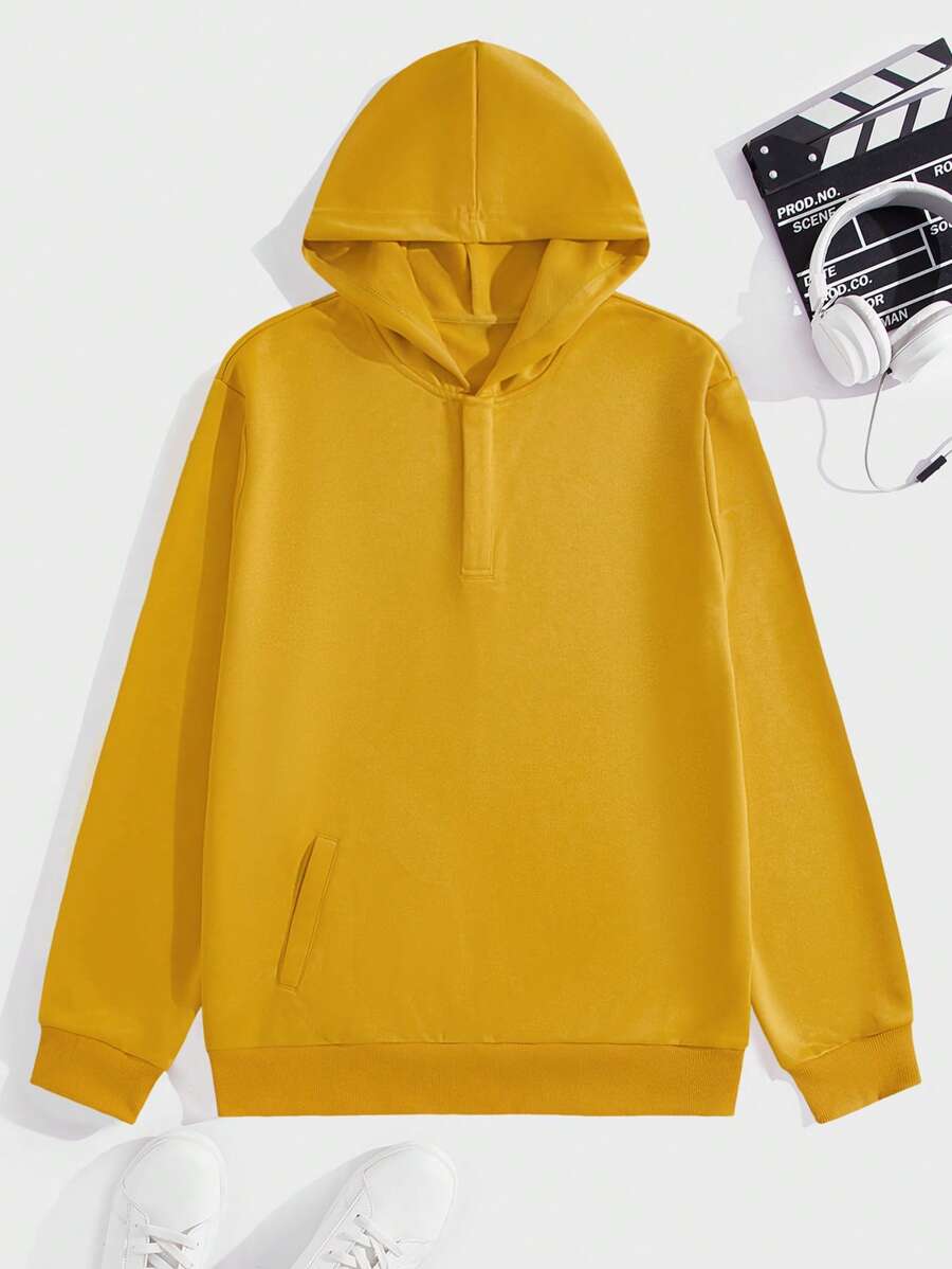 Manfinity Hypemode 男士素色按扣斜口袋連帽衫 - 黃色 - 查看 1