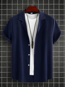 男士单排扣休闲/度假领短袖衬衫 - 藏蓝色 - 查看 3