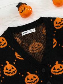 SHEIN Chica Joven Cárdigan Halloween con patrón de calabaza - Negro - Ver 4