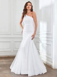 單肩魚尾裙下擺亮片正式連衣裙 - 白色 - 查看 1