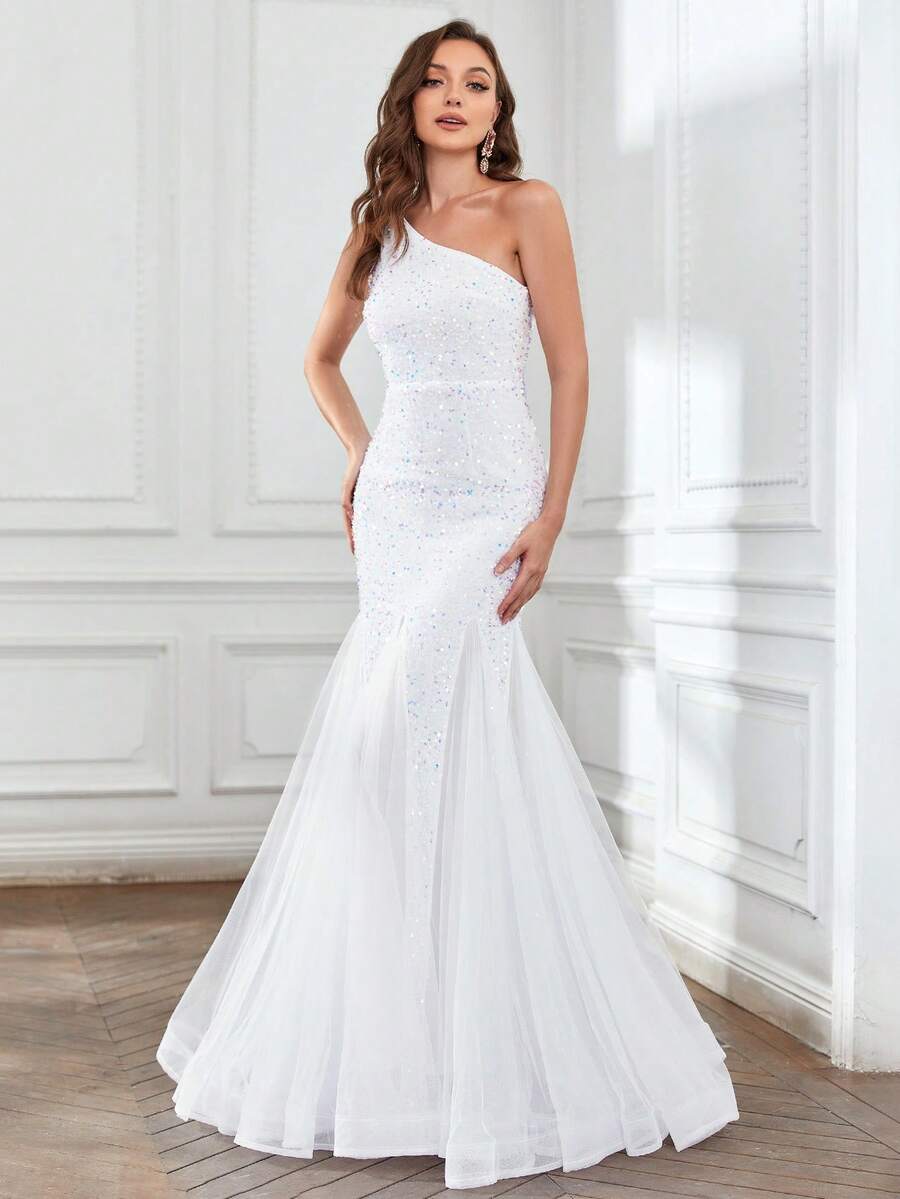 單肩魚尾裙下擺亮片正式連衣裙 - 白色 - 查看 1