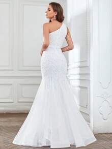 單肩魚尾裙下擺亮片正式連衣裙 - 白色 - 查看 2