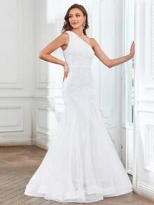 單肩魚尾裙下擺亮片正式連衣裙 - 白色 - 查看 3