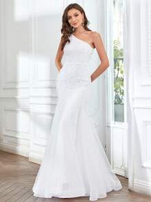 單肩魚尾裙下擺亮片正式連衣裙 - 白色 - 查看 4