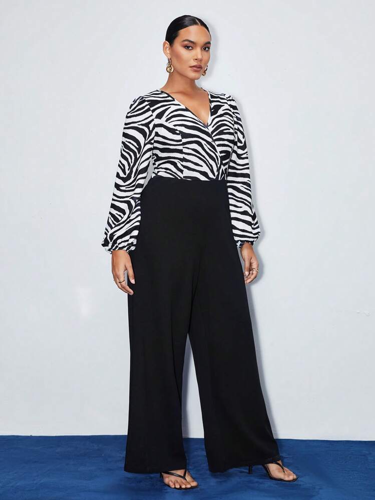 BizChic Talla grande Mono de pierna ancha de rayas de cebra de manga farol sin cinturón - Blanco y Negro - Ver 3