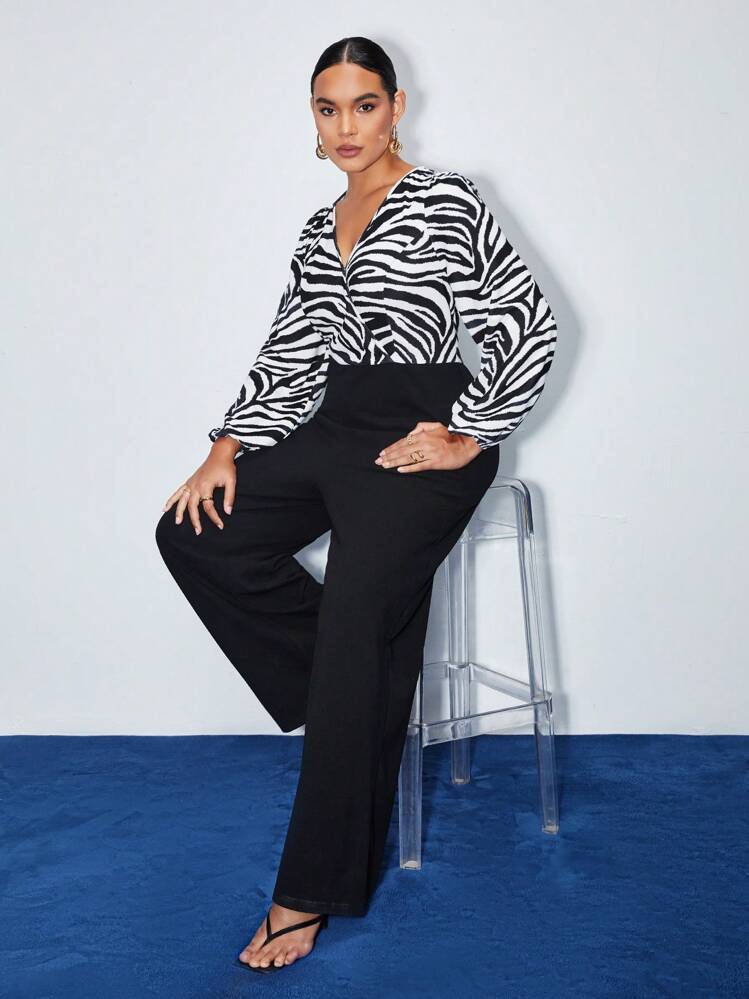 BizChic Talla grande Mono de pierna ancha de rayas de cebra de manga farol sin cinturón - Blanco y Negro - Ver 4