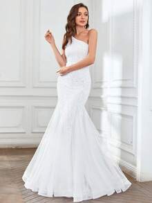 單肩魚尾裙下擺亮片正式連衣裙 - 白色 - 查看 6