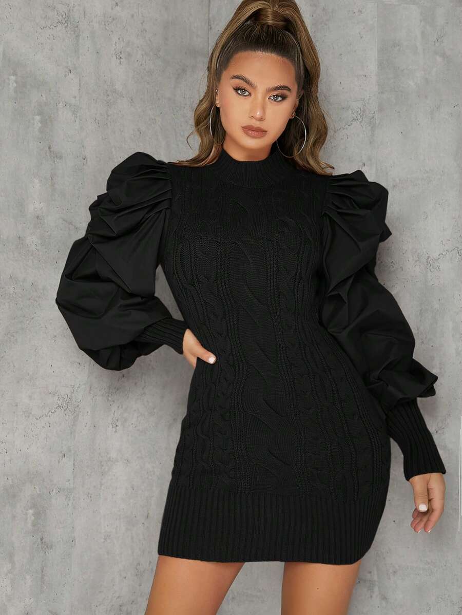 Hauture Vestido suéter de punto de cable con mangas abullonadas