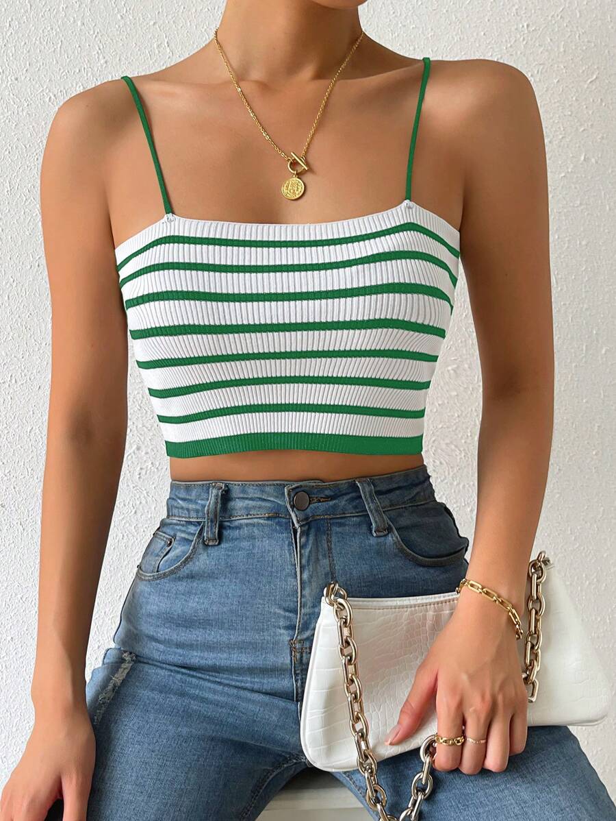 SHEIN Essnce Mẫu sọc Ngắn Cami Knit Top - màu xanh lá - Xem 1