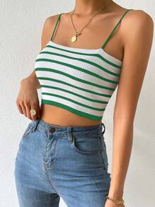 SHEIN Essnce Mẫu sọc Ngắn Cami Knit Top - màu xanh lá - Xem 2