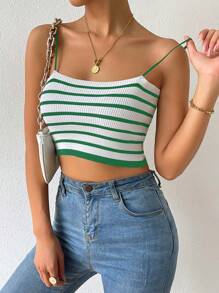 SHEIN Essnce Mẫu sọc Ngắn Cami Knit Top - màu xanh lá - Xem 3