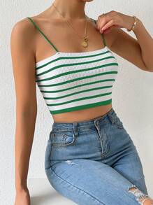 SHEIN Essnce Mẫu sọc Ngắn Cami Knit Top - màu xanh lá - Xem 5