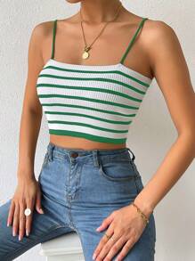 SHEIN Essnce Mẫu sọc Ngắn Cami Knit Top - màu xanh lá - Xem 6