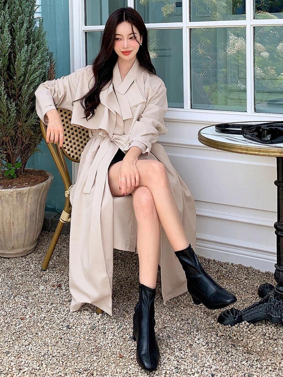 DAZY Solid Split Back Longline Trench Coat - Apricot - View 1